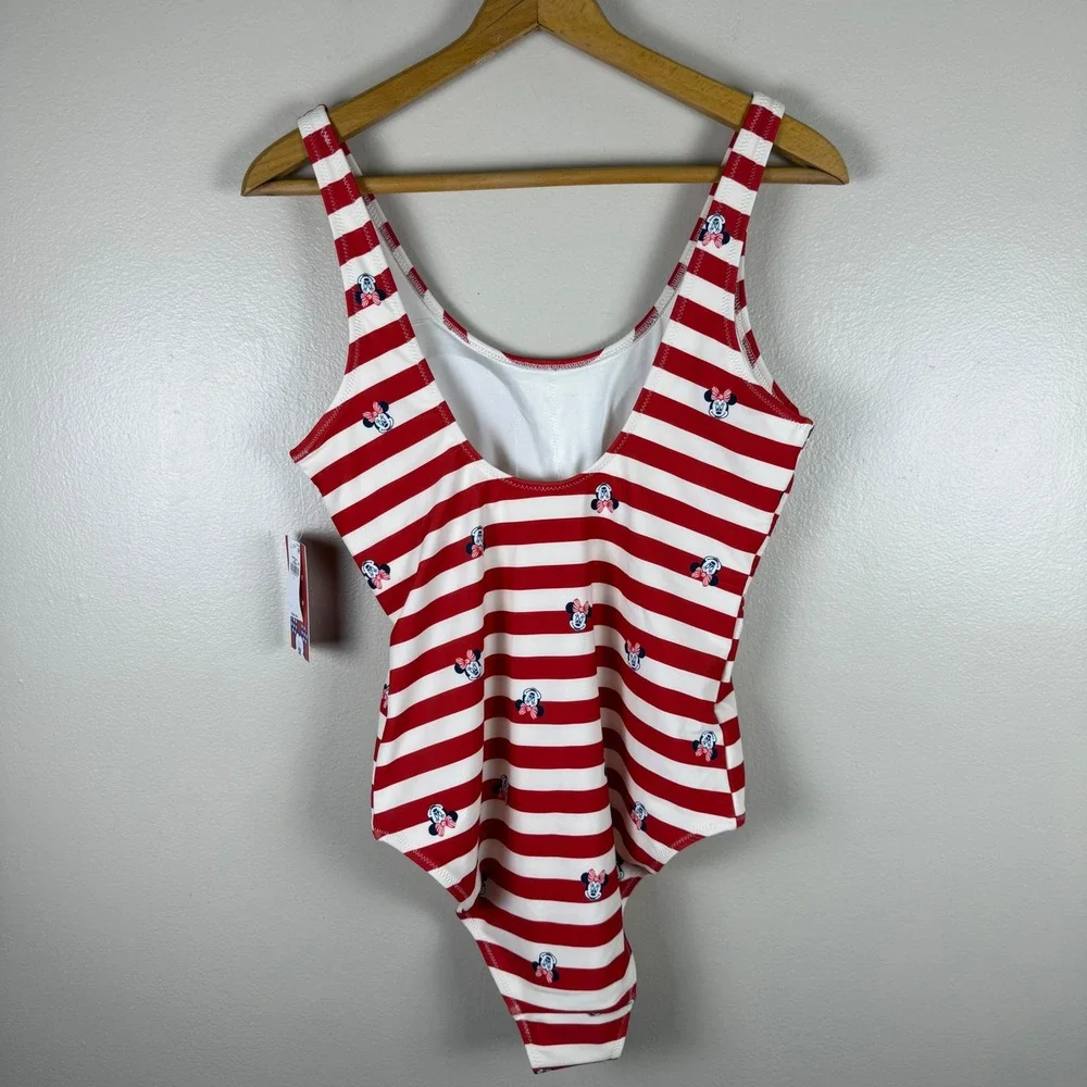 Old Navy Women's Large One Piece Swimsuit Red Striped Disney Minnie Mouse NEW